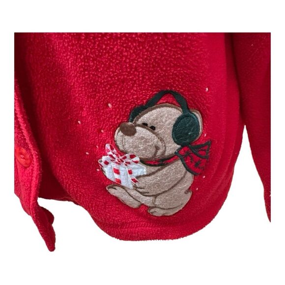Red Fleece Christmas Cardigan Teddy Bear Tree Holiday Embroidered Sweater - Picture 2 of 11